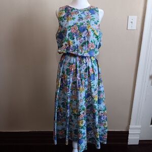 90s Fairycore Whimsical Blue Flower Garden Sleevless Vintage Dress, Approx XL